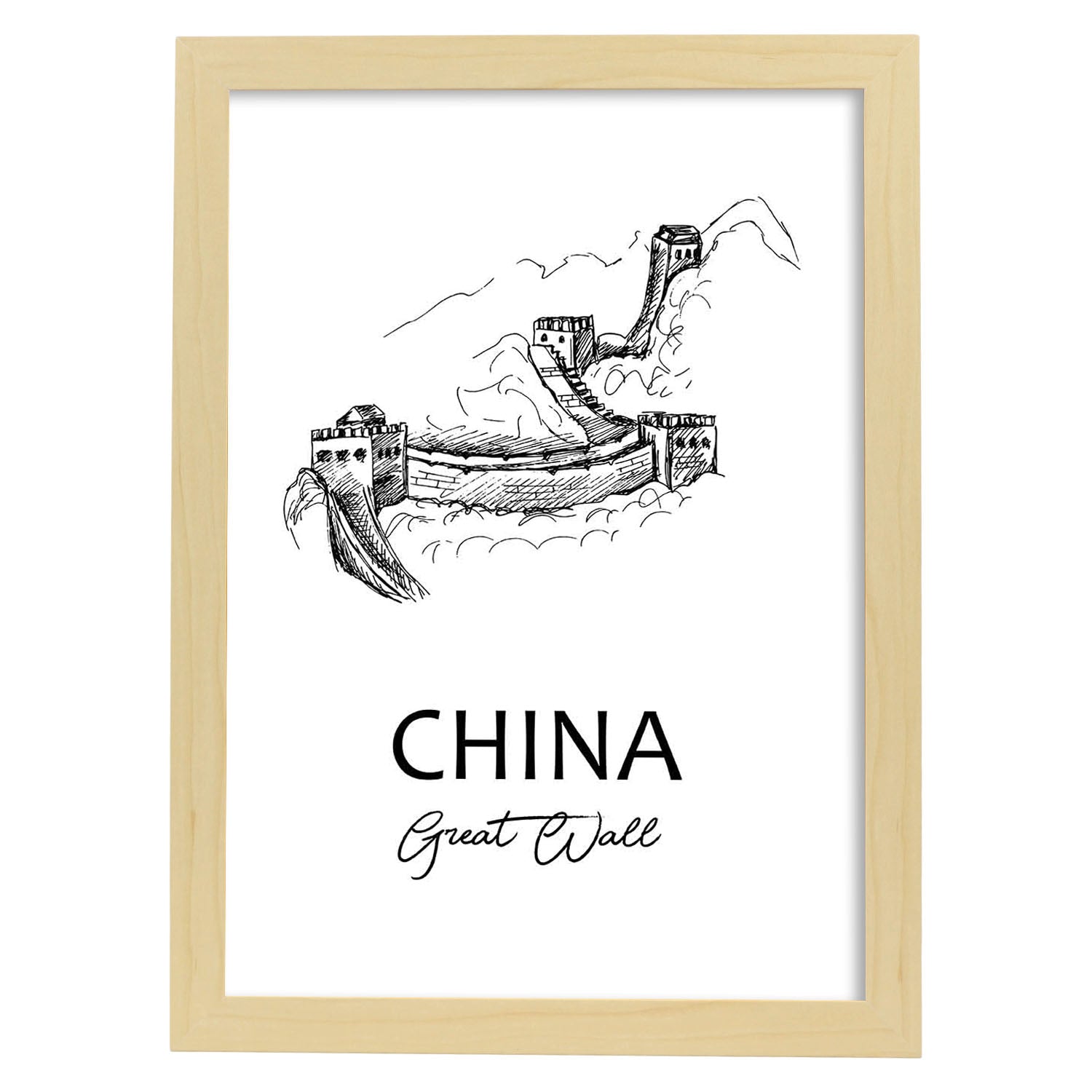 Poster de China - La gran muralla. Láminas con monumentos de ciudades.-Artwork-Nacnic-A3-Marco Madera clara-Nacnic Estudio SL