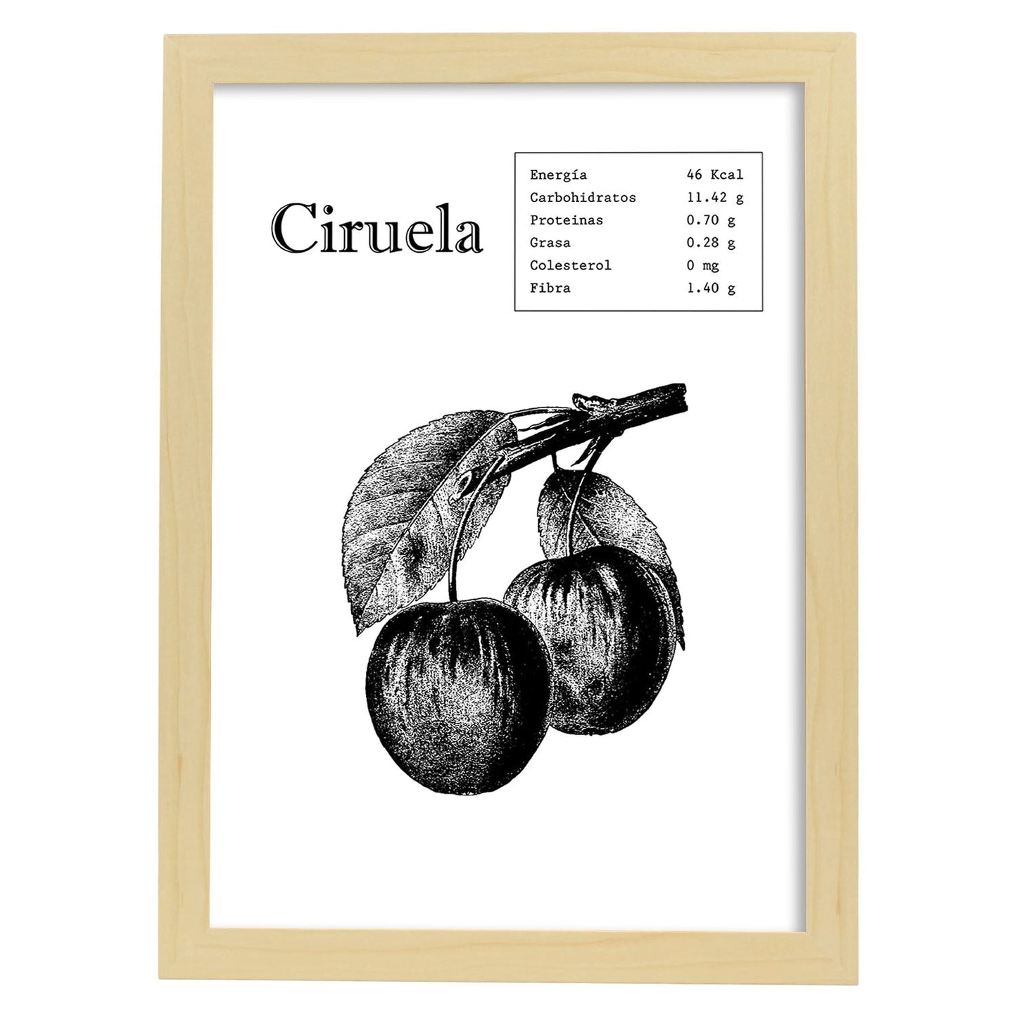 Poster de Ciruela. Láminas de frutas y verduras.-Artwork-Nacnic-A4-Marco Madera clara-Nacnic Estudio SL