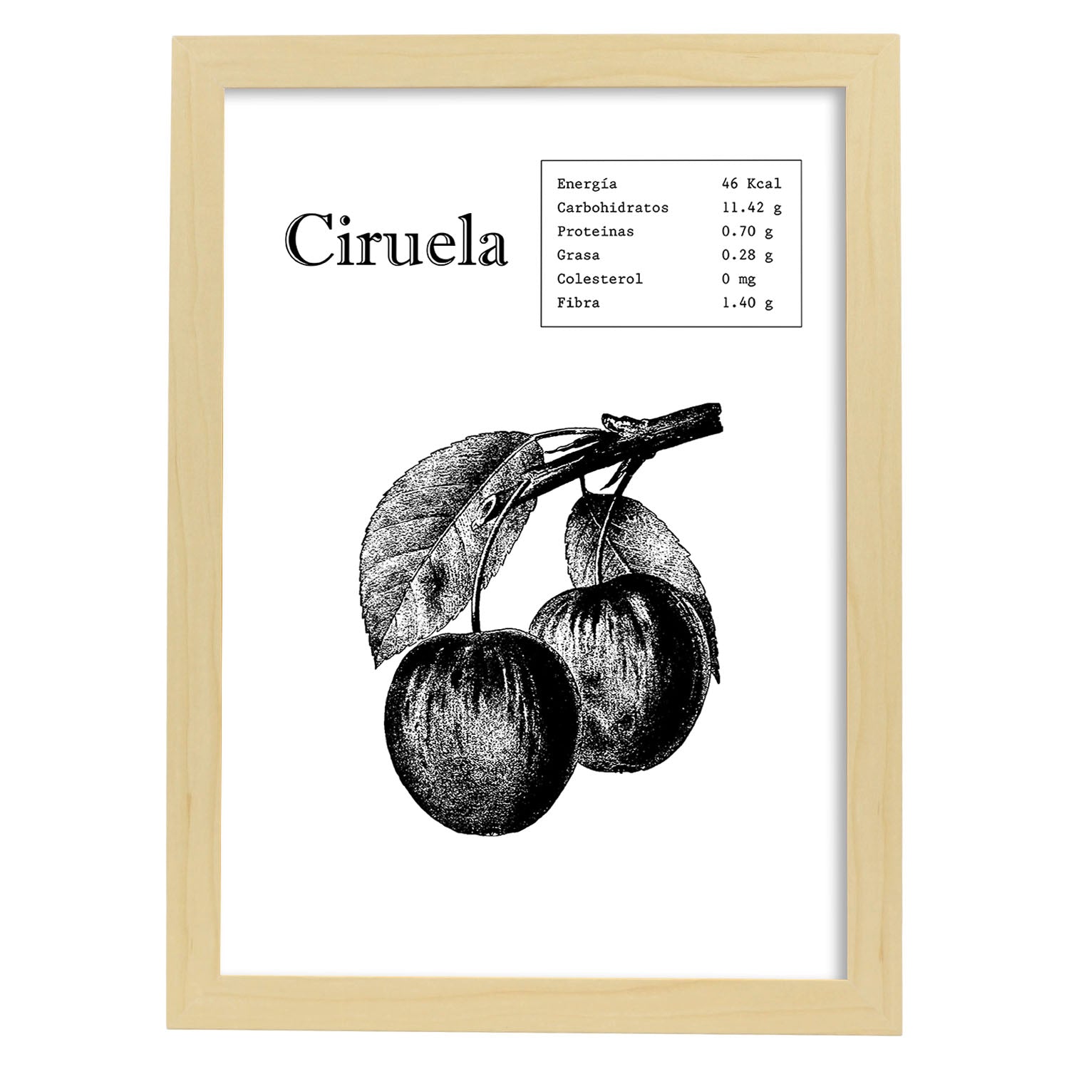 Poster de Ciruela. Láminas de frutas y verduras.-Artwork-Nacnic-A4-Marco Madera clara-Nacnic Estudio SL