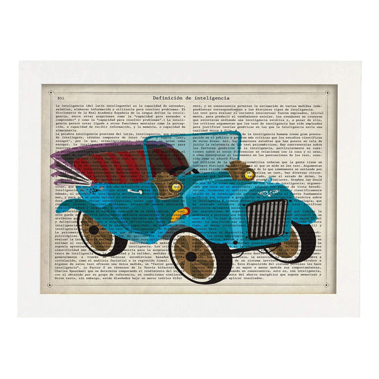Poster de Coche antiguo azul. Láminas de vehículos con definiciones. Ilustraciones vintage de coches, motos, aviones, 
-Artwork-Nacnic-A4-Marco Blanco-Nacnic Estudio SL