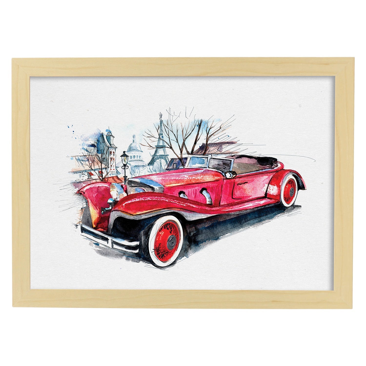 Poster de coches y vehículos. Lámina Coche años 30 con imágenes iilustradas de coches vintage a todo color.-Artwork-Nacnic-A3-Marco Madera clara-Nacnic Estudio SL
