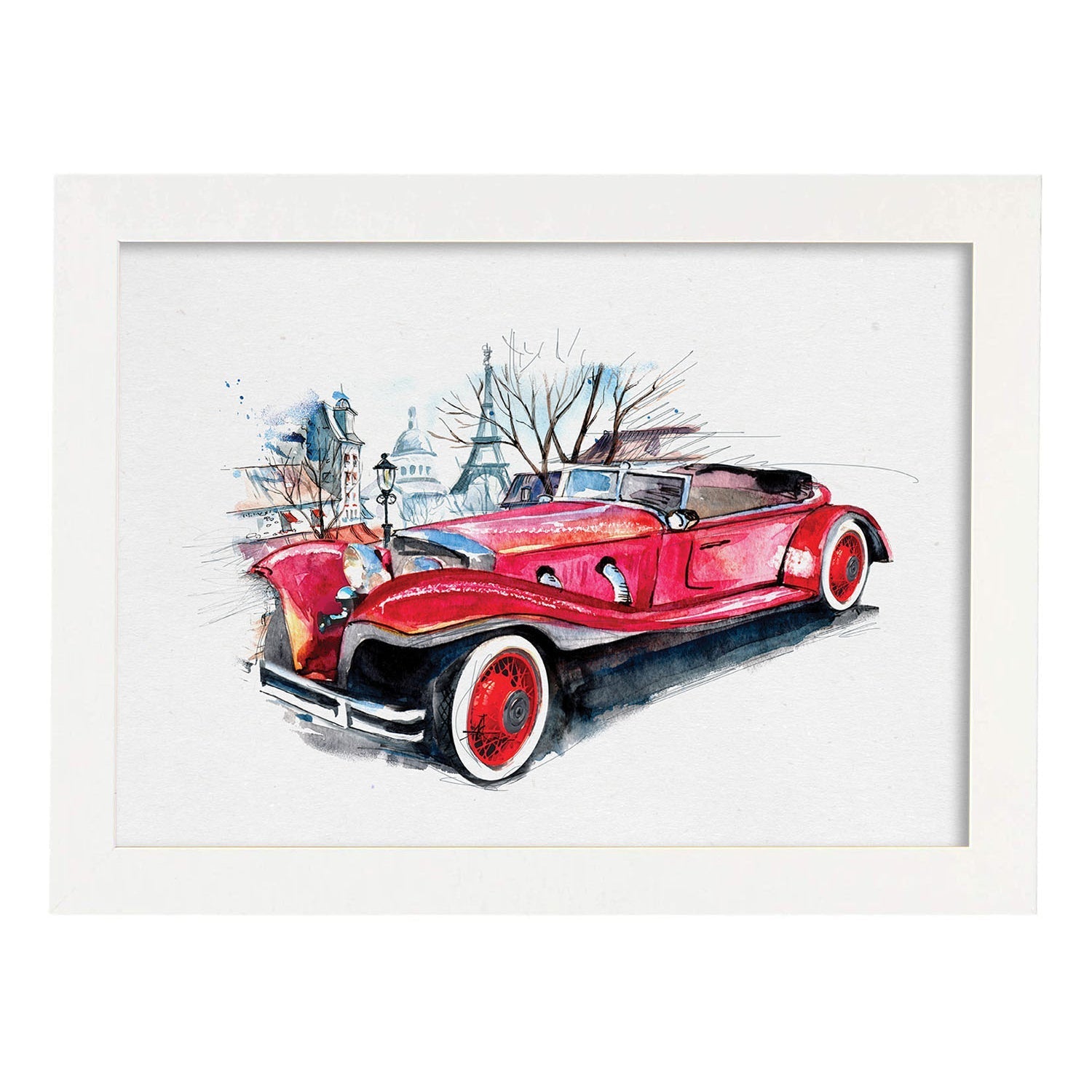 Poster de coches y vehículos. Lámina Coche años 30 con imágenes iilustradas de coches vintage a todo color.-Artwork-Nacnic-A4-Marco Blanco-Nacnic Estudio SL