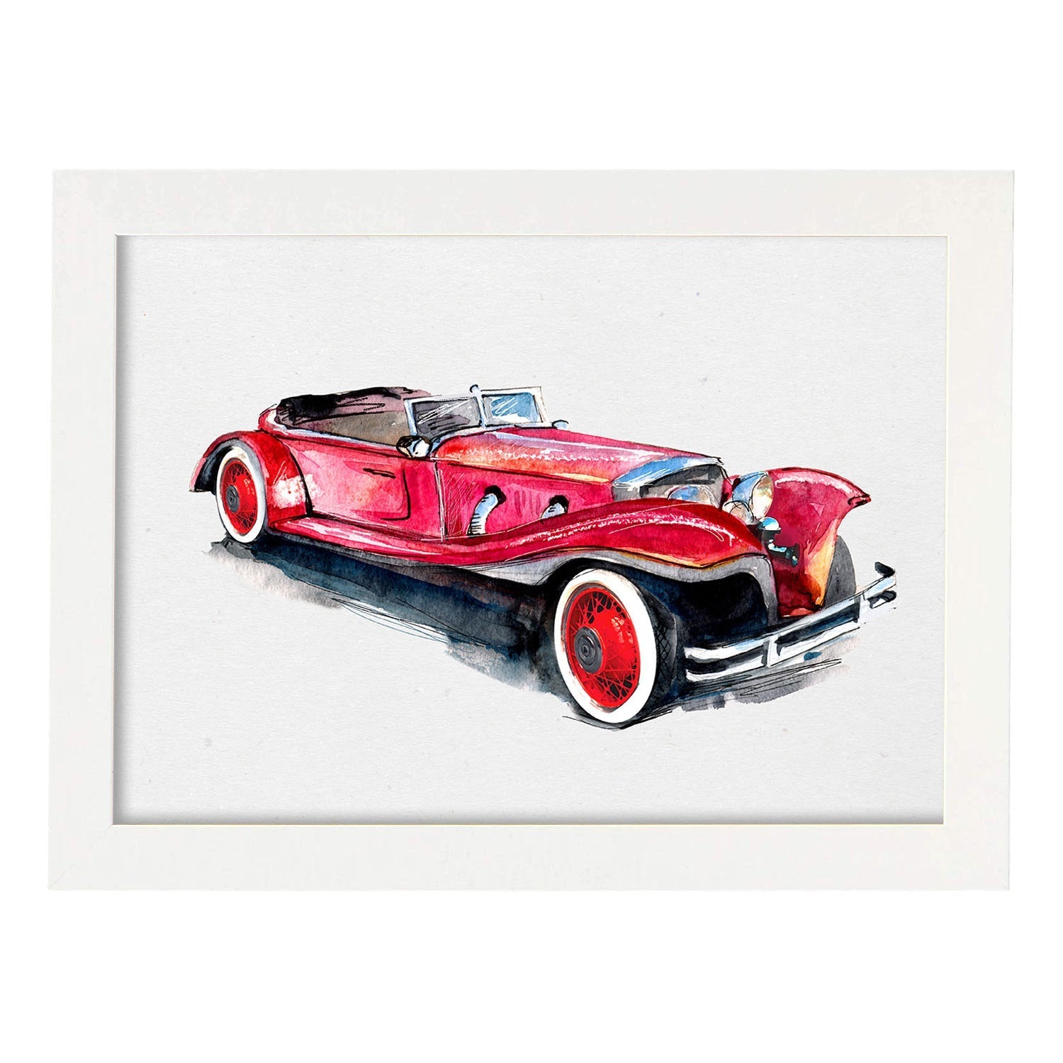 Poster de coches y vehículos. Lámina Coche rojo años 30 con imágenes iilustradas de coches vintage a todo color.-Artwork-Nacnic-A3-Marco Blanco-Nacnic Estudio SL