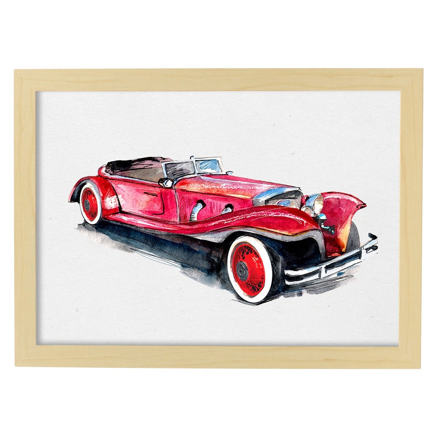 Poster de coches y vehículos. Lámina Coche rojo años 30 con imágenes iilustradas de coches vintage a todo color.-Artwork-Nacnic-A3-Marco Madera clara-Nacnic Estudio SL