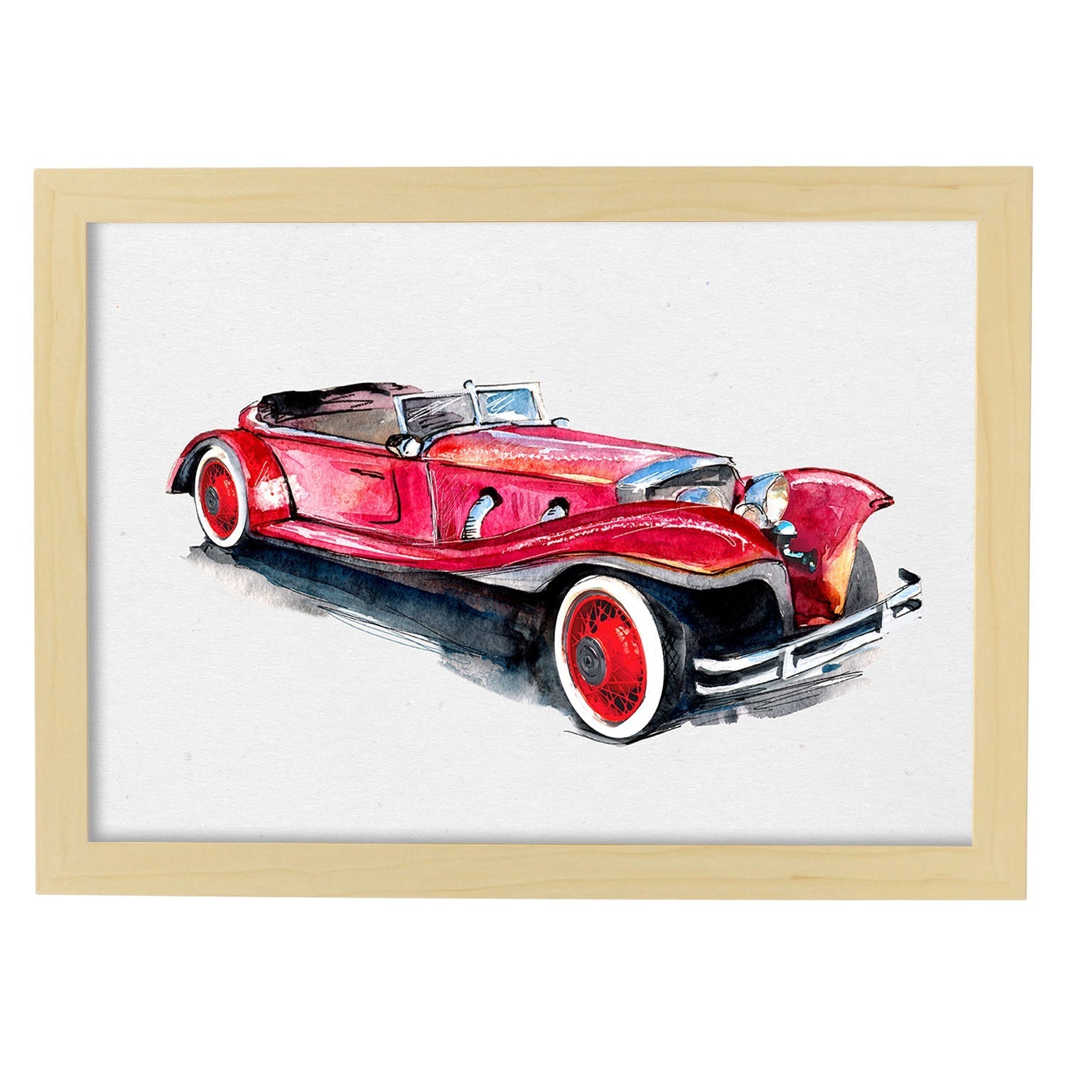 Poster de coches y vehículos. Lámina Coche rojo años 30 con imágenes iilustradas de coches vintage a todo color.-Artwork-Nacnic-A3-Marco Madera clara-Nacnic Estudio SL