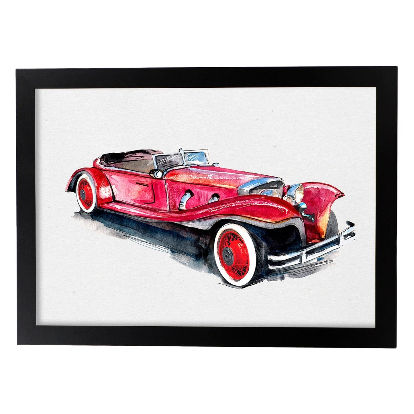 Poster de coches y vehículos. Lámina Coche rojo años 30 con imágenes iilustradas de coches vintage a todo color.-Artwork-Nacnic-A3-Marco Negro-Nacnic Estudio SL