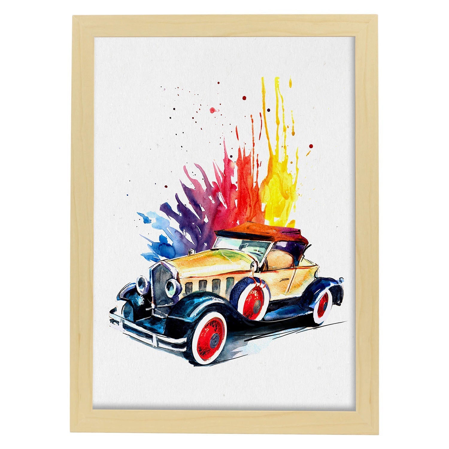 Poster de coches y vehículos. Lámina Explosión de color con imágenes iilustradas de coches vintage a todo color.-Artwork-Nacnic-A3-Marco Madera clara-Nacnic Estudio SL