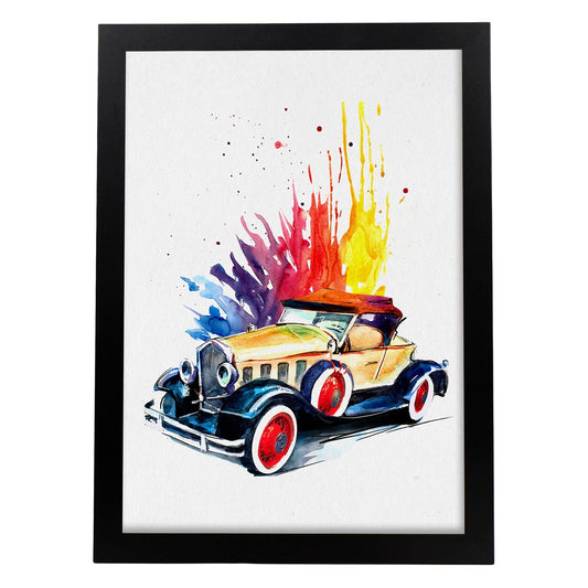 Poster de coches y vehículos. Lámina Explosión de color con imágenes iilustradas de coches vintage a todo color.-Artwork-Nacnic-A4-Marco Negro-Nacnic Estudio SL