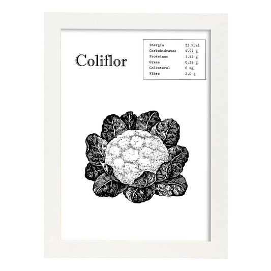 Poster de Coliflor. Láminas de frutas y verduras.-Artwork-Nacnic-A4-Marco Blanco-Nacnic Estudio SL