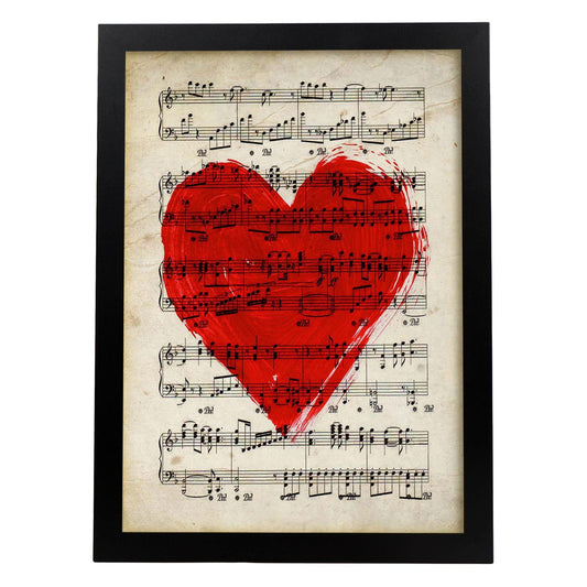 Poster de Corazon sobre partitura. Láminas de imágenes con partituras. Diseño de música para el hogar.-Artwork-Nacnic-A4-Marco Negro-Nacnic Estudio SL