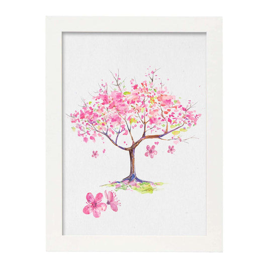 Poster de coronas florales. Lámina Almendro en flor, ilustrada con diseños de flores, plantas, y animales.-Artwork-Nacnic-A4-Marco Blanco-Nacnic Estudio SL