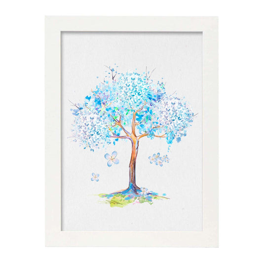 Poster de coronas florales. Lámina Arbol azul lila, ilustrada con diseños de flores, plantas, y animales.-Artwork-Nacnic-A4-Marco Blanco-Nacnic Estudio SL
