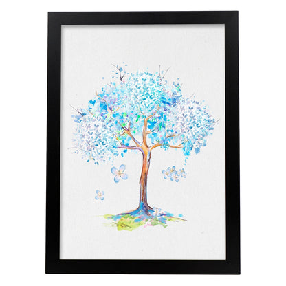 Poster de coronas florales. Lámina Arbol azul lila, ilustrada con diseños de flores, plantas, y animales.-Artwork-Nacnic-A4-Marco Negro-Nacnic Estudio SL