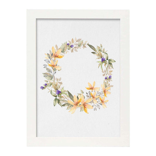 Poster de coronas florales. Lámina Corona floral amarilla, ilustrada con diseños de flores, plantas, y animales.-Artwork-Nacnic-A4-Marco Blanco-Nacnic Estudio SL