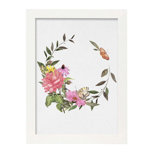 Poster de coronas florales. Lámina Corona floral mariposas, ilustrada con diseños de flores, plantas, y animales.-Artwork-Nacnic-A4-Marco Blanco-Nacnic Estudio SL