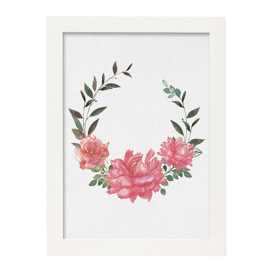Poster de coronas florales. Lámina Corona floral rosas, ilustrada con diseños de flores, plantas, y animales.-Artwork-Nacnic-A4-Marco Blanco-Nacnic Estudio SL