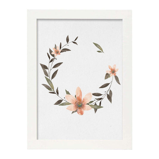 Poster de coronas florales. Lámina Corona floral salmon, ilustrada con diseños de flores, plantas, y animales.-Artwork-Nacnic-A4-Marco Blanco-Nacnic Estudio SL