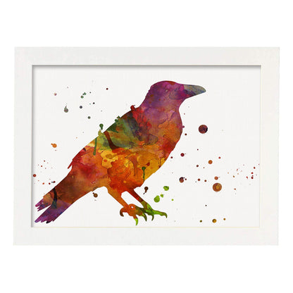Poster de Cuervo estilo acuarela. Láminas de animales con estilo acuarela-Artwork-Nacnic-A4-Marco Blanco-Nacnic Estudio SL