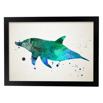 Poster de Delfín estilo acuarela. Láminas de animales con estilo acuarela-Artwork-Nacnic-A4-Marco Negro-Nacnic Estudio SL