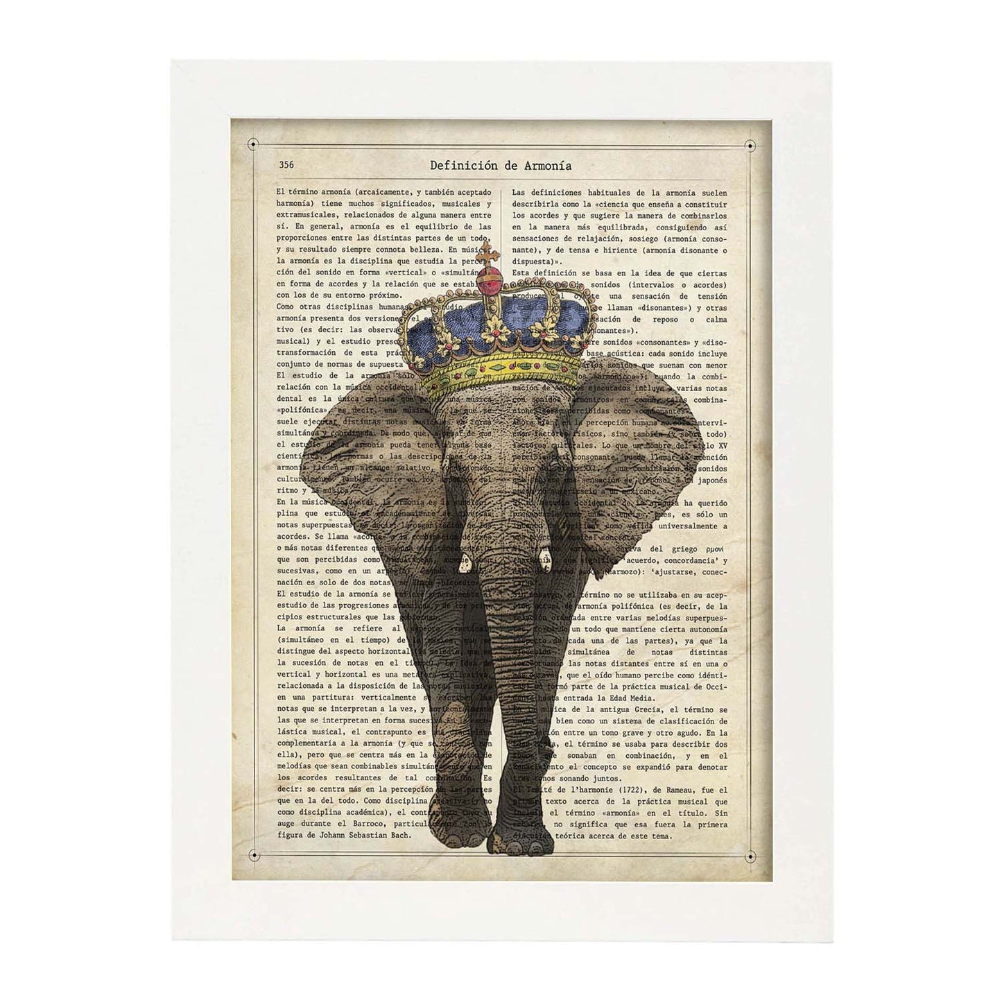 Poster de Elefante con corona. Láminas de elefantes con definiciones. Diseño con imágenes de elefantes y textos.-Artwork-Nacnic-A3-Marco Blanco-Nacnic Estudio SL