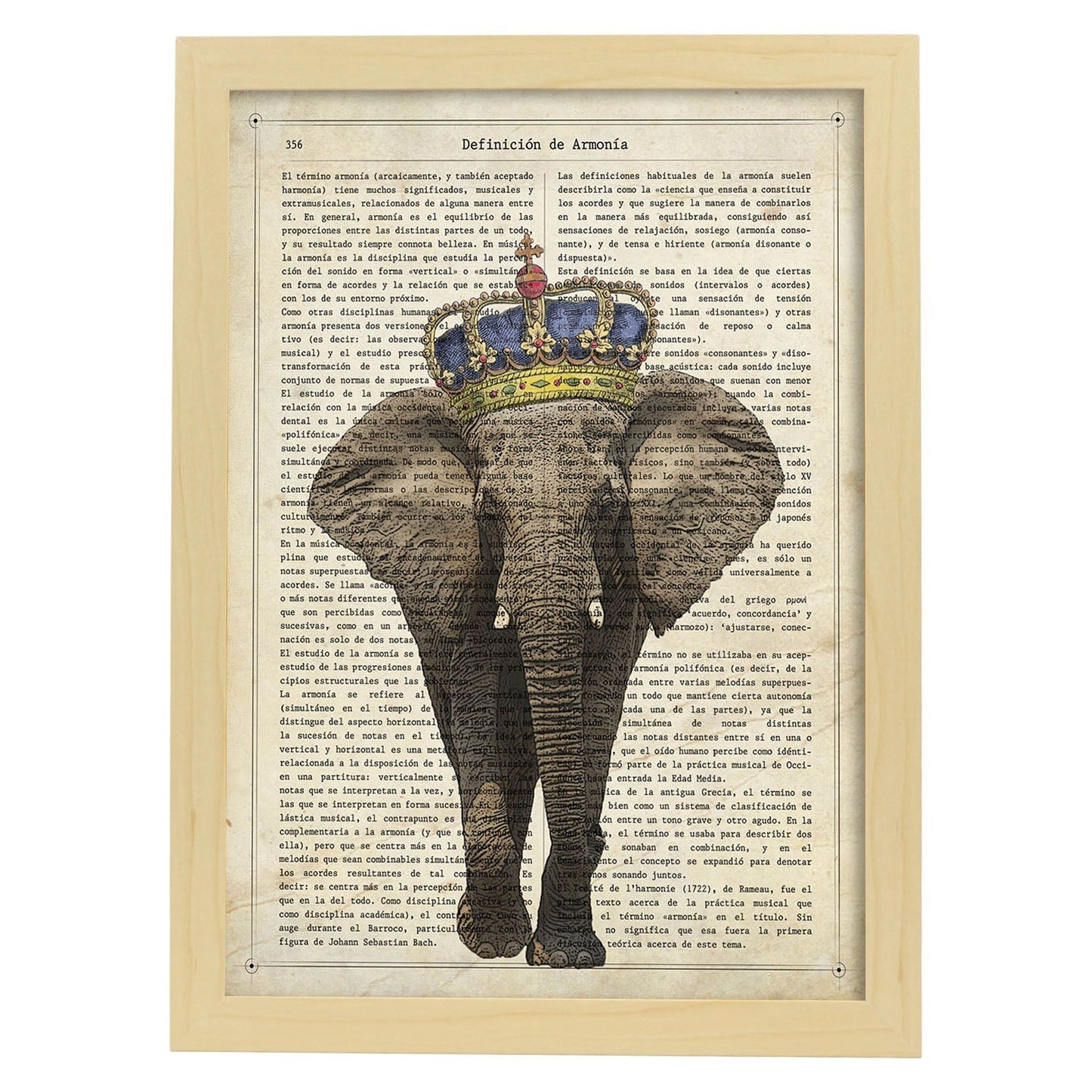 Poster de Elefante con corona. Láminas de elefantes con definiciones. Diseño con imágenes de elefantes y textos.-Artwork-Nacnic-A3-Marco Madera clara-Nacnic Estudio SL