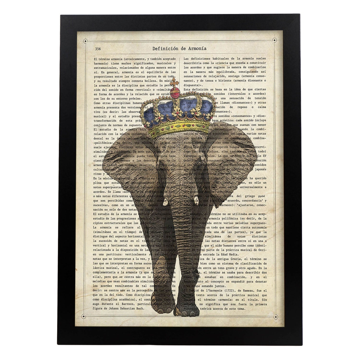 Poster de Elefante con corona. Láminas de elefantes con definiciones. Diseño con imágenes de elefantes y textos.-Artwork-Nacnic-A3-Marco Negro-Nacnic Estudio SL