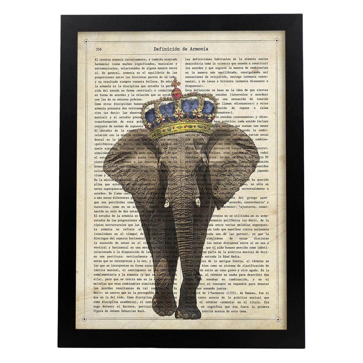Poster de Elefante con corona. Láminas de elefantes con definiciones. Diseño con imágenes de elefantes y textos.-Artwork-Nacnic-A4-Marco Negro-Nacnic Estudio SL
