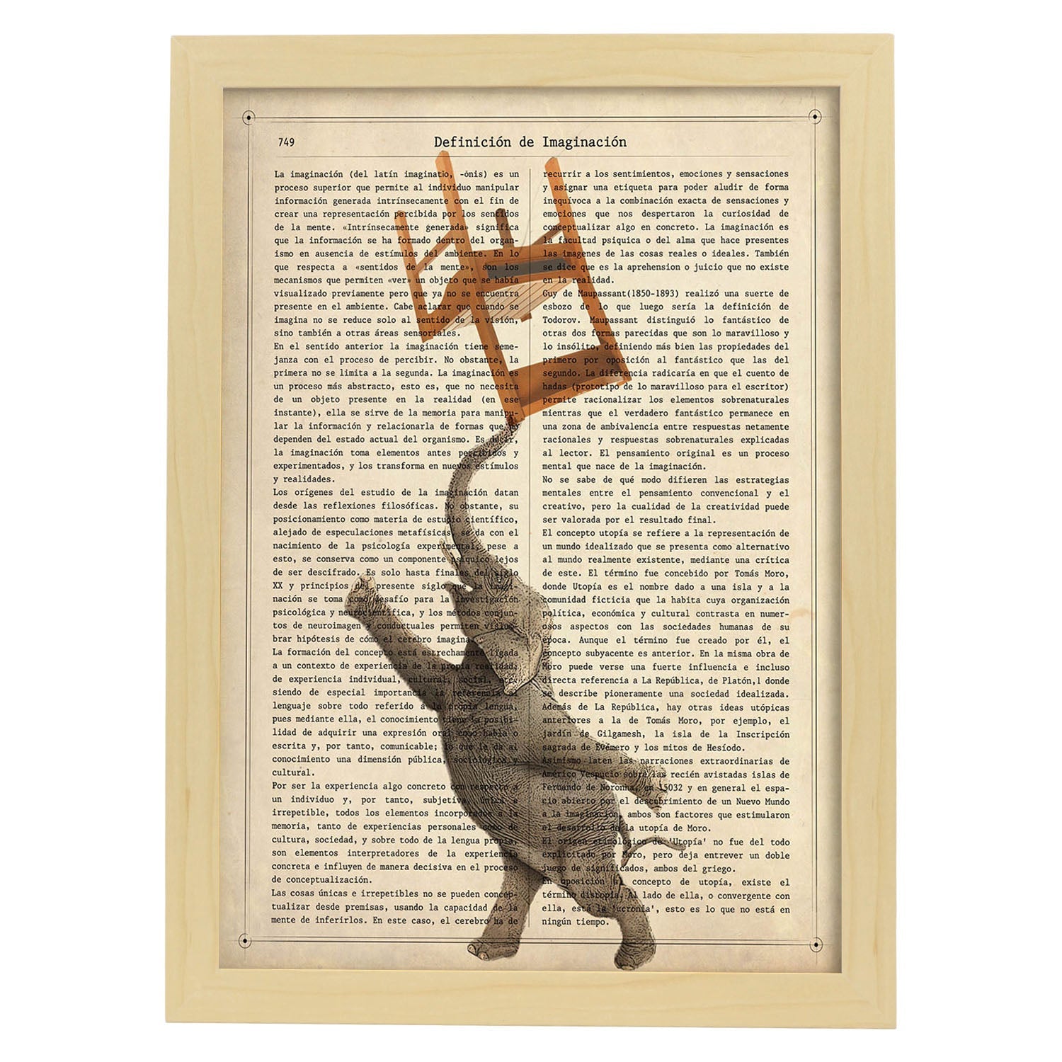Poster de Elefante con silla. Láminas de elefantes con definiciones. Diseño con imágenes de elefantes y textos.-Artwork-Nacnic-A3-Marco Madera clara-Nacnic Estudio SL