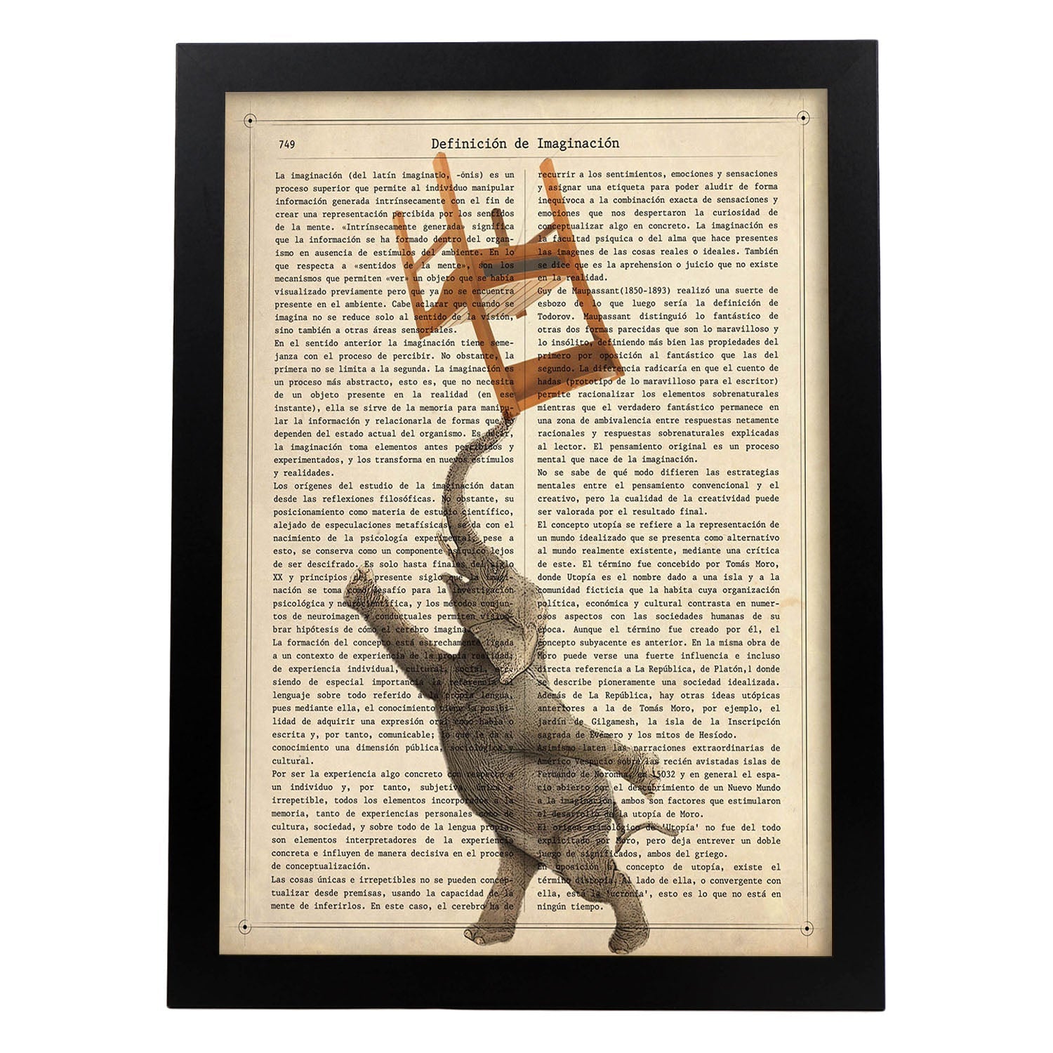 Poster de Elefante con silla. Láminas de elefantes con definiciones. Diseño con imágenes de elefantes y textos.-Artwork-Nacnic-A3-Marco Negro-Nacnic Estudio SL
