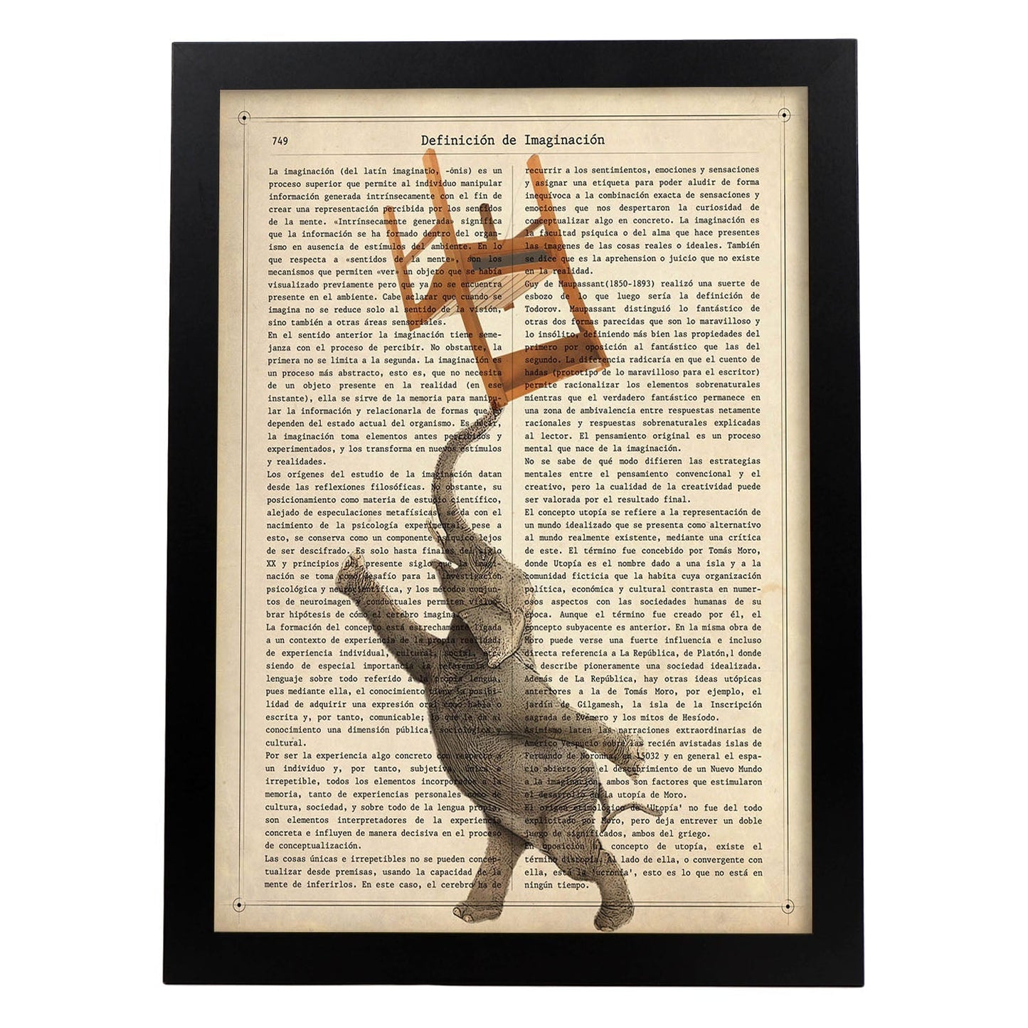 Poster de Elefante con silla. Láminas de elefantes con definiciones. Diseño con imágenes de elefantes y textos.-Artwork-Nacnic-A4-Marco Negro-Nacnic Estudio SL