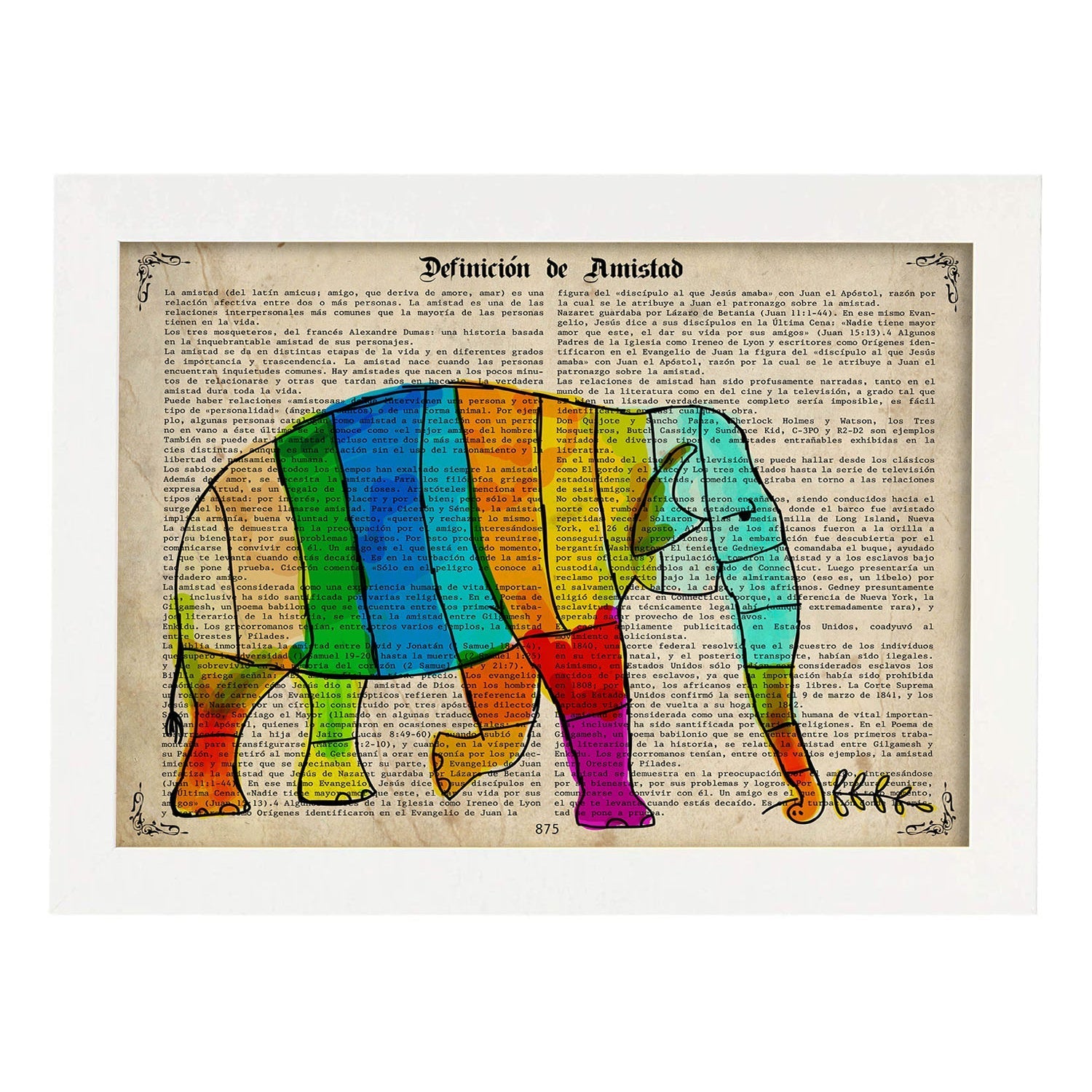 Poster de Elefante de colores. Láminas de elefantes con definiciones. Diseño con imágenes de elefantes y textos.-Artwork-Nacnic-A3-Marco Blanco-Nacnic Estudio SL