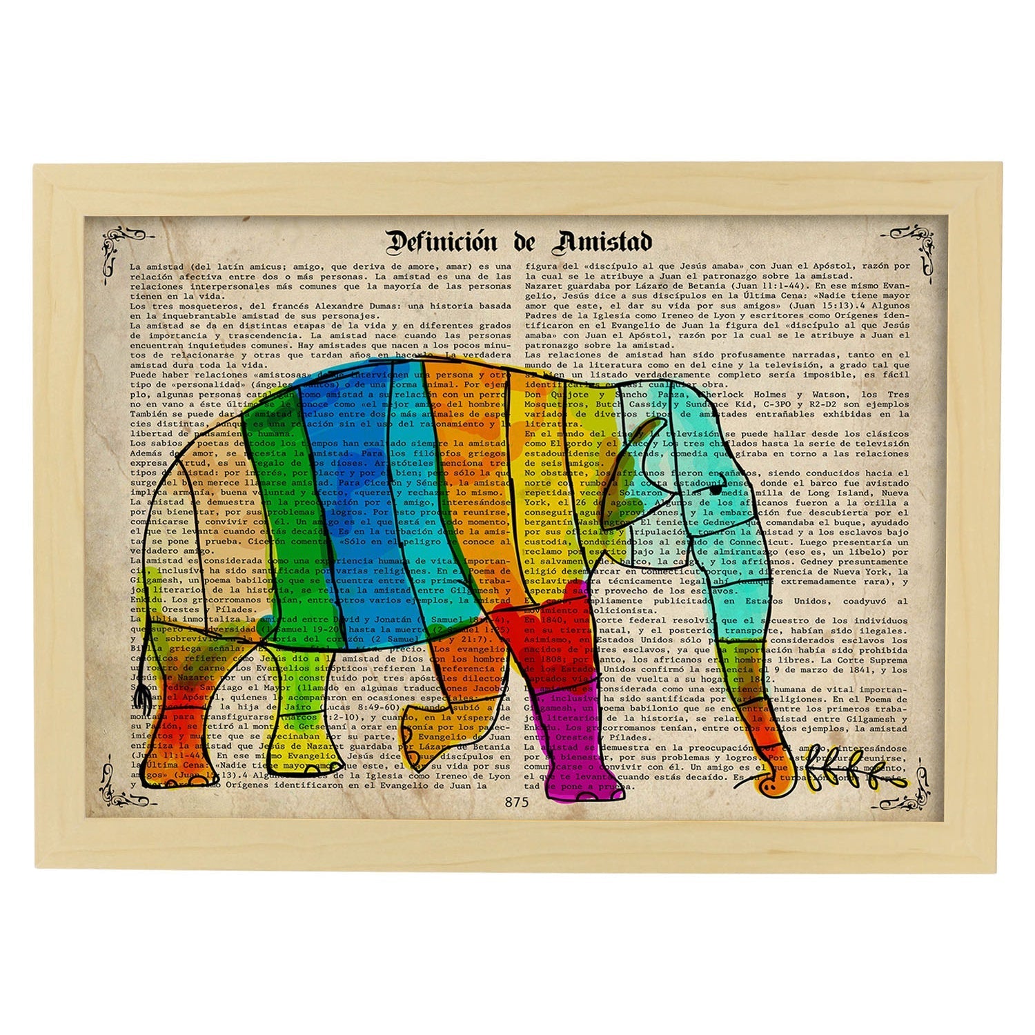 Poster de Elefante de colores. Láminas de elefantes con definiciones. Diseño con imágenes de elefantes y textos.-Artwork-Nacnic-A3-Marco Madera clara-Nacnic Estudio SL
