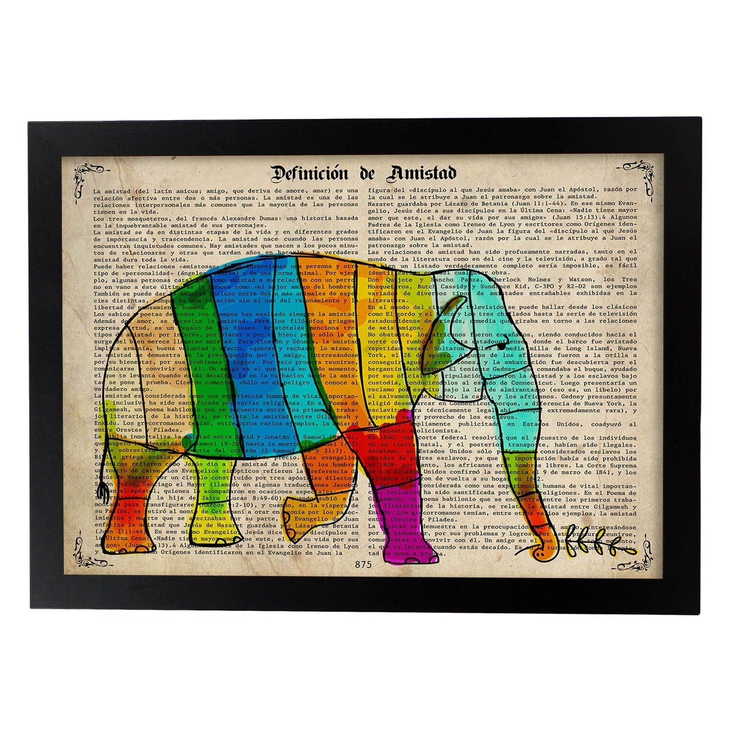Poster de Elefante de colores. Láminas de elefantes con definiciones. Diseño con imágenes de elefantes y textos.-Artwork-Nacnic-A3-Marco Negro-Nacnic Estudio SL