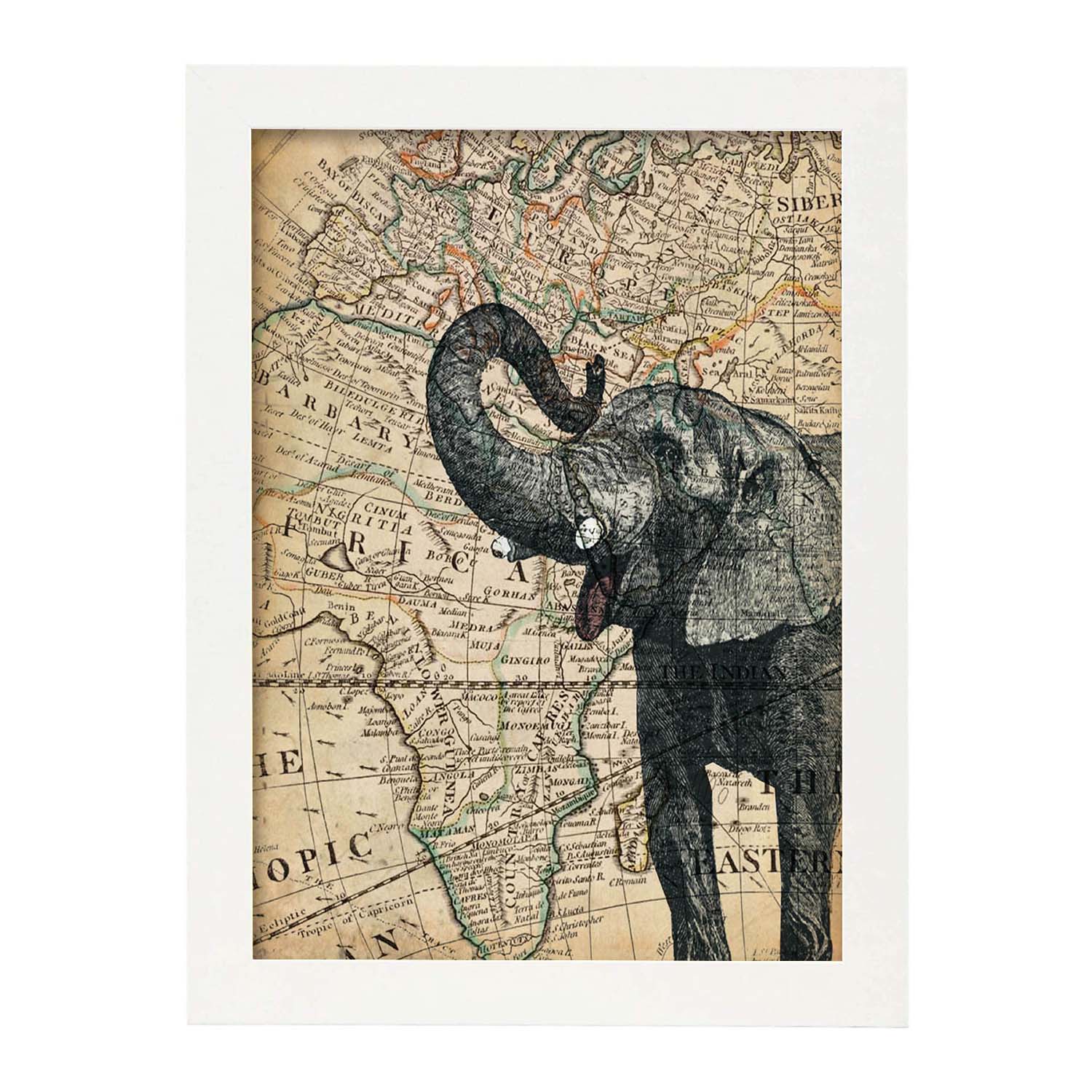 Poster de Elefante en Africa. Láminas de mapas del mundo. Decoración con mapas e imágenes vintage.-Artwork-Nacnic-A3-Marco Blanco-Nacnic Estudio SL
