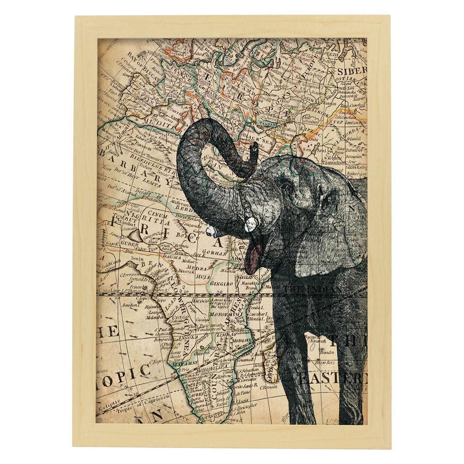 Poster de Elefante en Africa. Láminas de mapas del mundo. Decoración con mapas e imágenes vintage.-Artwork-Nacnic-A3-Marco Madera clara-Nacnic Estudio SL