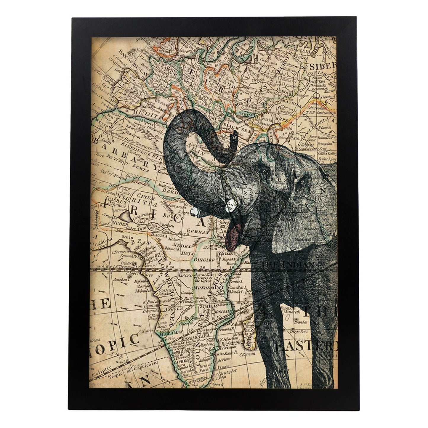Poster de Elefante en Africa. Láminas de mapas del mundo. Decoración con mapas e imágenes vintage.-Artwork-Nacnic-A3-Marco Negro-Nacnic Estudio SL