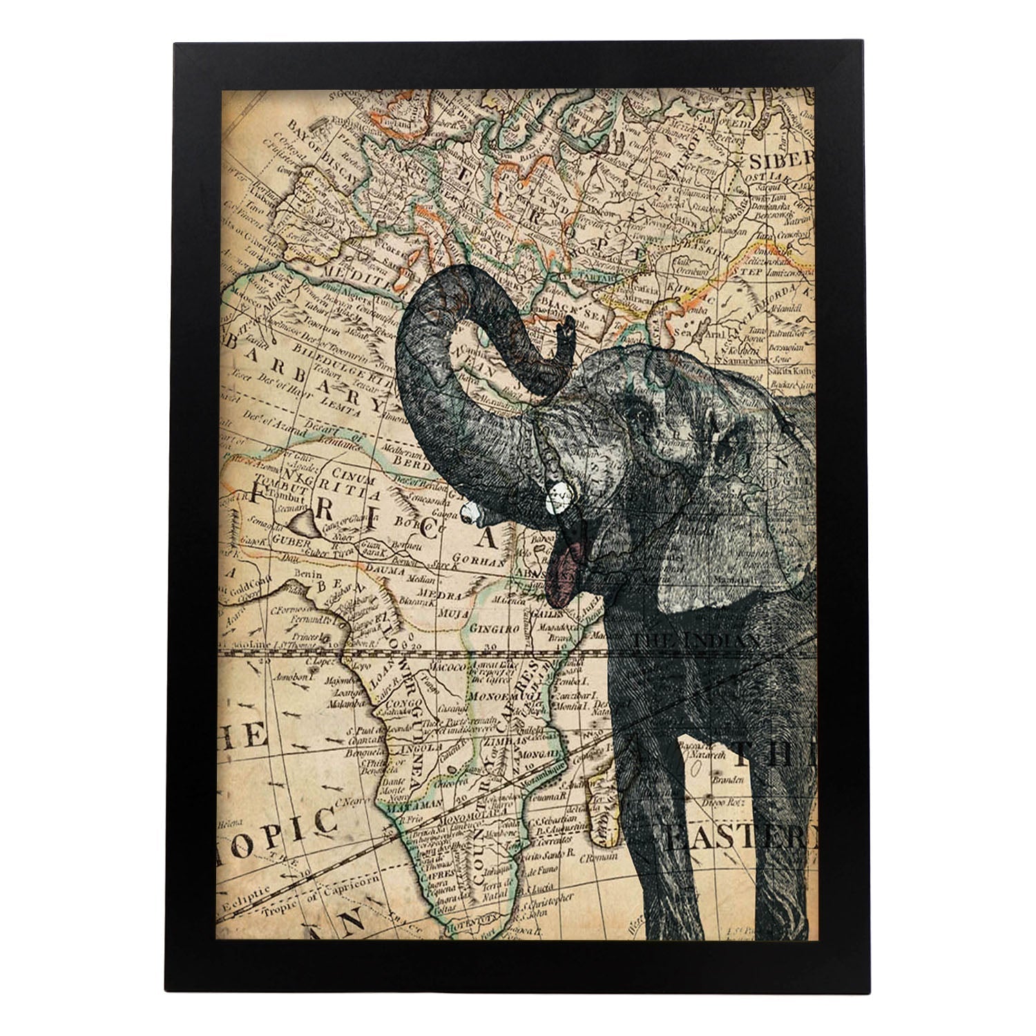 Poster de Elefante en Africa. Láminas de mapas del mundo. Decoración con mapas e imágenes vintage.-Artwork-Nacnic-A4-Marco Negro-Nacnic Estudio SL