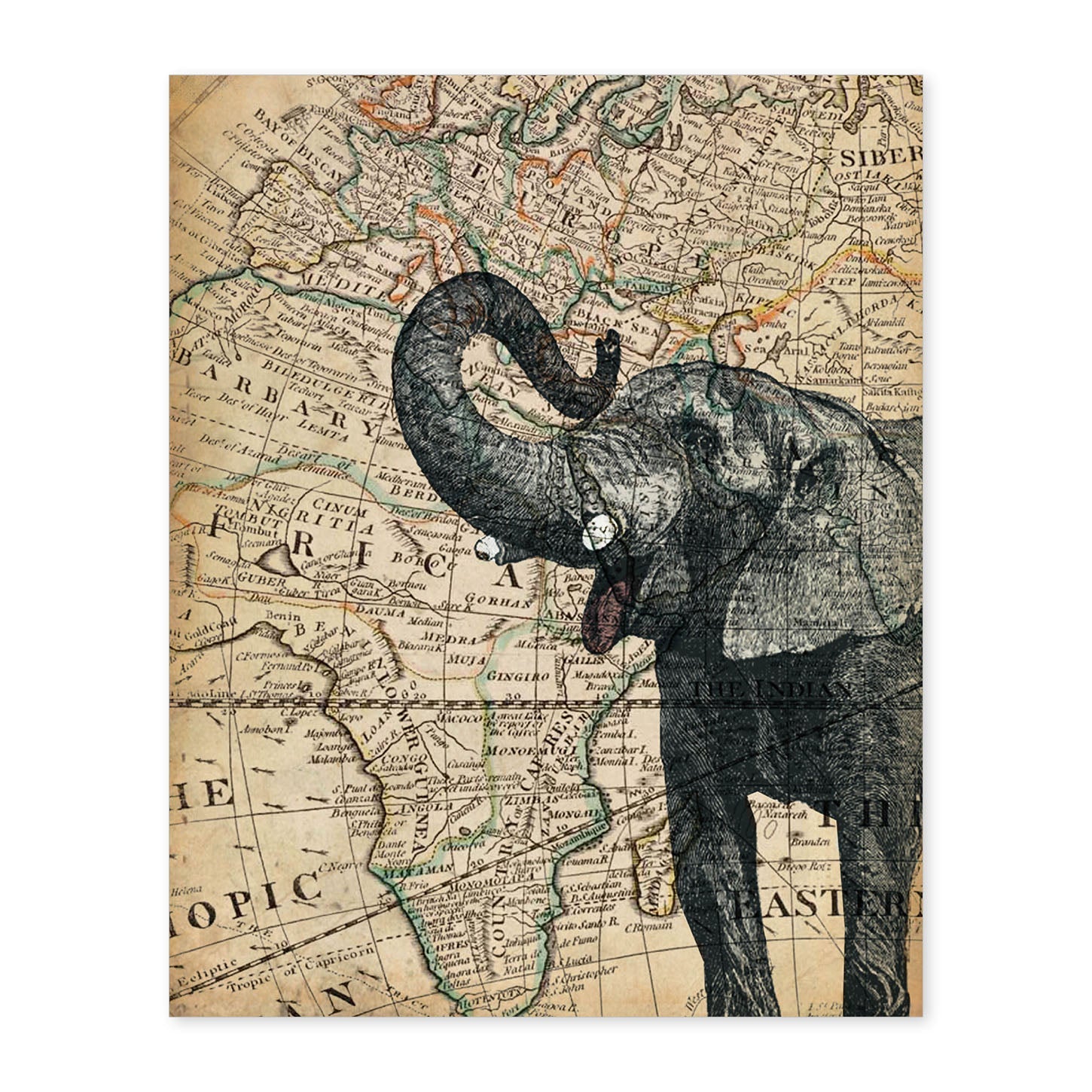 Poster de Elefante en Africa. Láminas de mapas del mundo. Decoración con mapas e imágenes vintage.-Artwork-Nacnic-A4-Sin marco-Nacnic Estudio SL