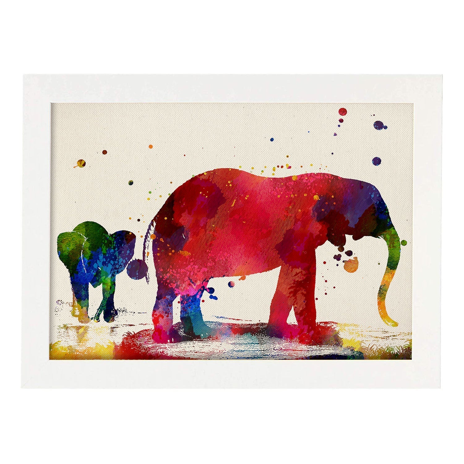 Poster de Elefante Padre e hijo con diseño acuarela. Mix de láminas con estilo acuarela-Artwork-Nacnic-A4-Marco Blanco-Nacnic Estudio SL