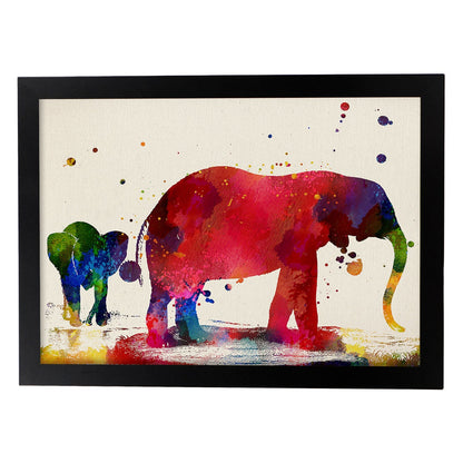Poster de Elefante Padre e hijo con diseño acuarela. Mix de láminas con estilo acuarela-Artwork-Nacnic-A4-Marco Negro-Nacnic Estudio SL