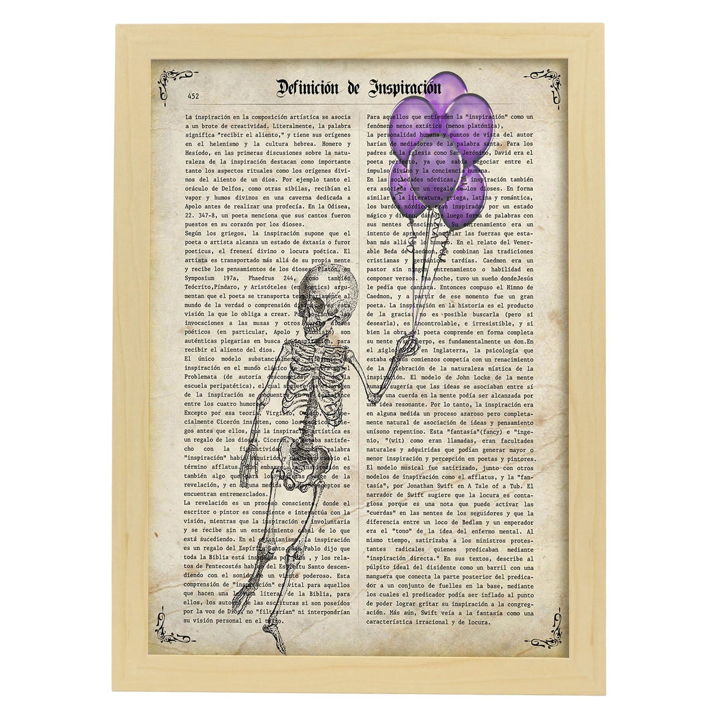 Poster de Esqueleto con globos. Láminas de calaveras. Decoración de hogar.-Artwork-Nacnic-A3-Marco Madera clara-Nacnic Estudio SL