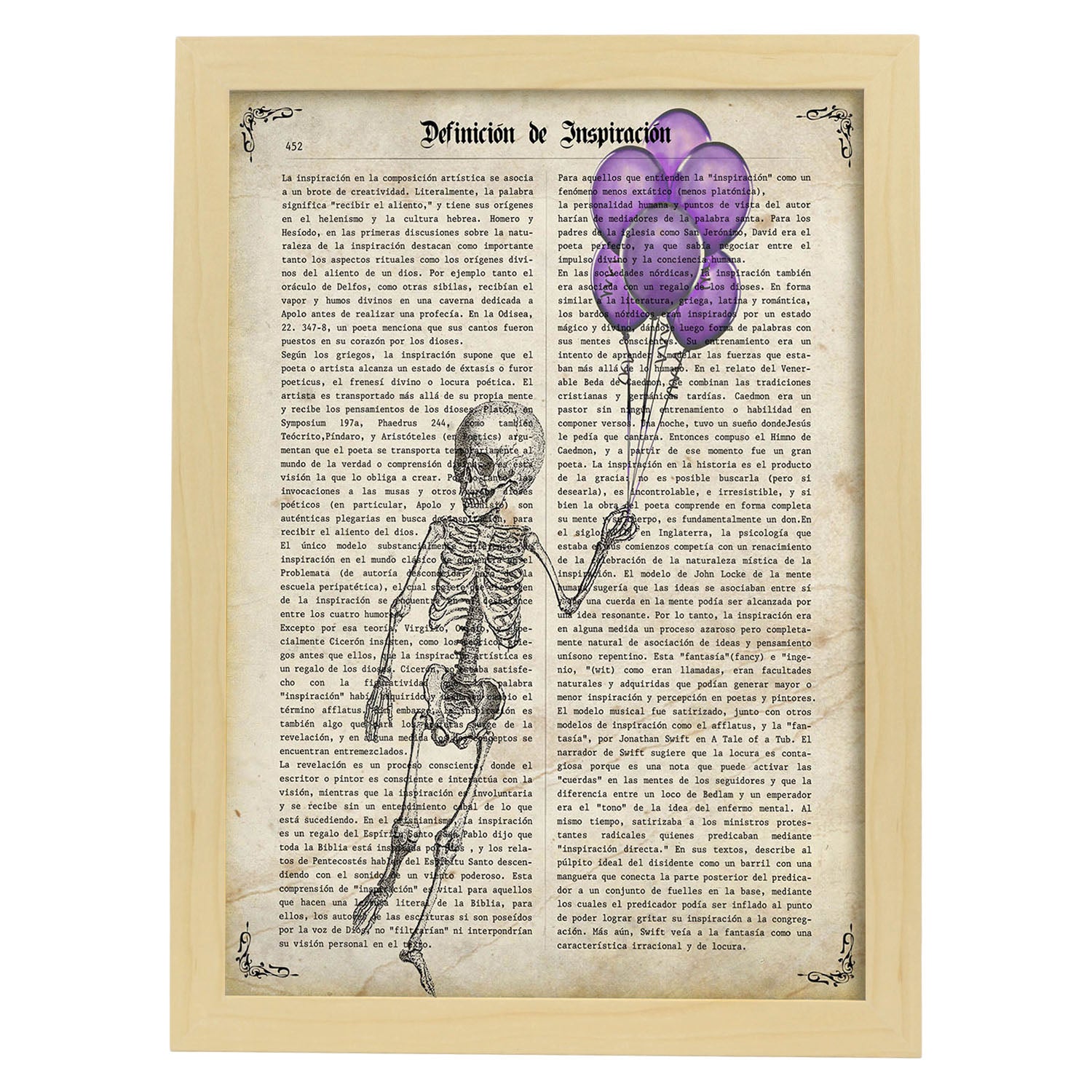 Poster de Esqueleto con globos. Láminas de calaveras. Decoración de hogar.-Artwork-Nacnic-A4-Marco Madera clara-Nacnic Estudio SL