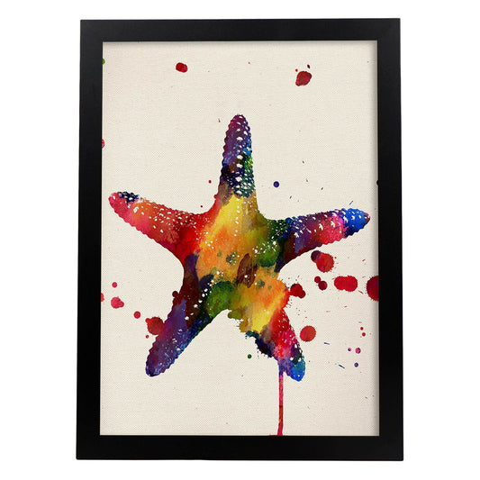 Poster de Estrella de mar con diseño acuarela. Mix de láminas con estilo acuarela-Artwork-Nacnic-A4-Marco Negro-Nacnic Estudio SL