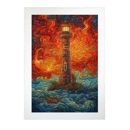 Póster de Faro Iluminado en la Noche