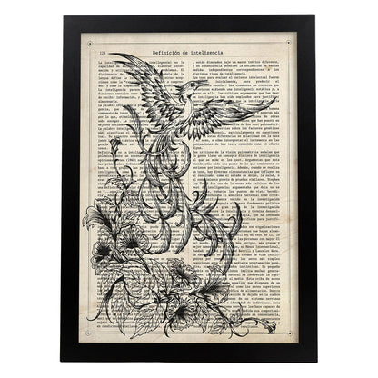 Poster de Fenix blanco y negro. Láminas de animales con definiciones. Ilustraciones de animales con textos.-Artwork-Nacnic-A4-Marco Negro-Nacnic Estudio SL