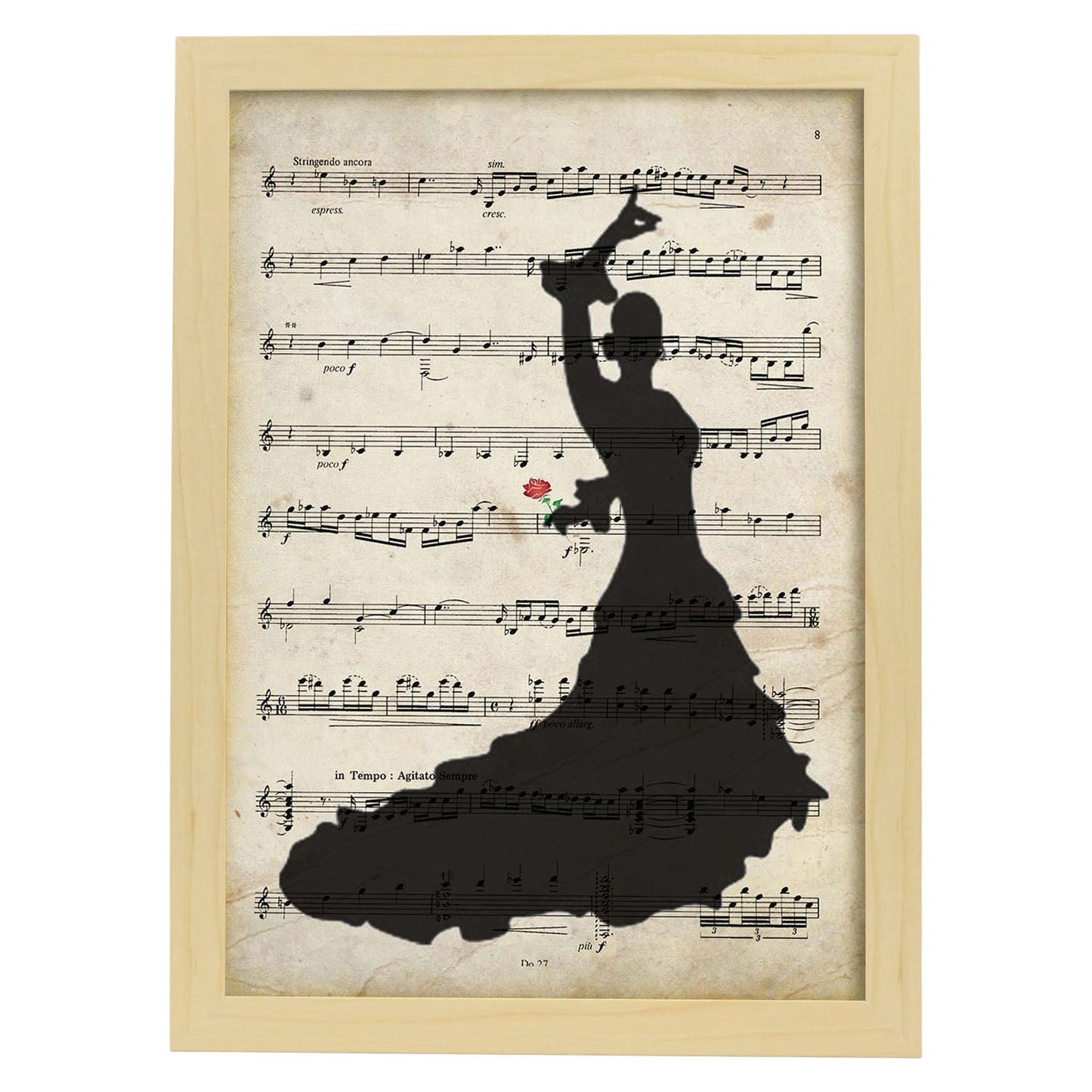 Poster de Flamenca sobre partitura. Láminas de imágenes con partituras. Diseño de música para el hogar.-Artwork-Nacnic-A3-Marco Madera clara-Nacnic Estudio SL