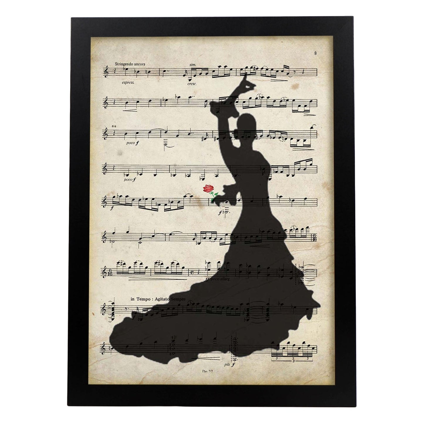 Poster de Flamenca sobre partitura. Láminas de imágenes con partituras. Diseño de música para el hogar.-Artwork-Nacnic-A3-Marco Negro-Nacnic Estudio SL