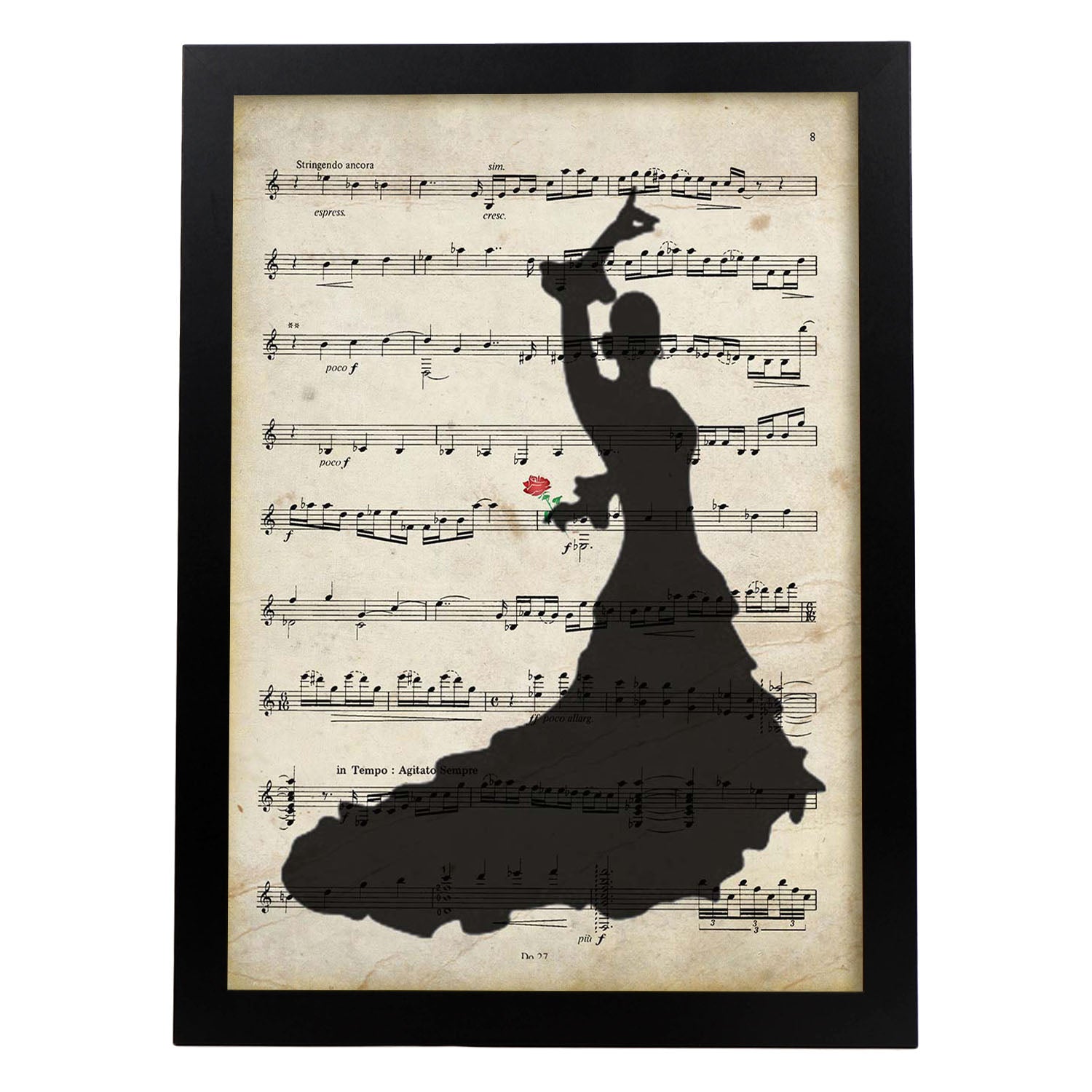 Poster de Flamenca sobre partitura. Láminas de imágenes con partituras. Diseño de música para el hogar.-Artwork-Nacnic-A3-Marco Negro-Nacnic Estudio SL