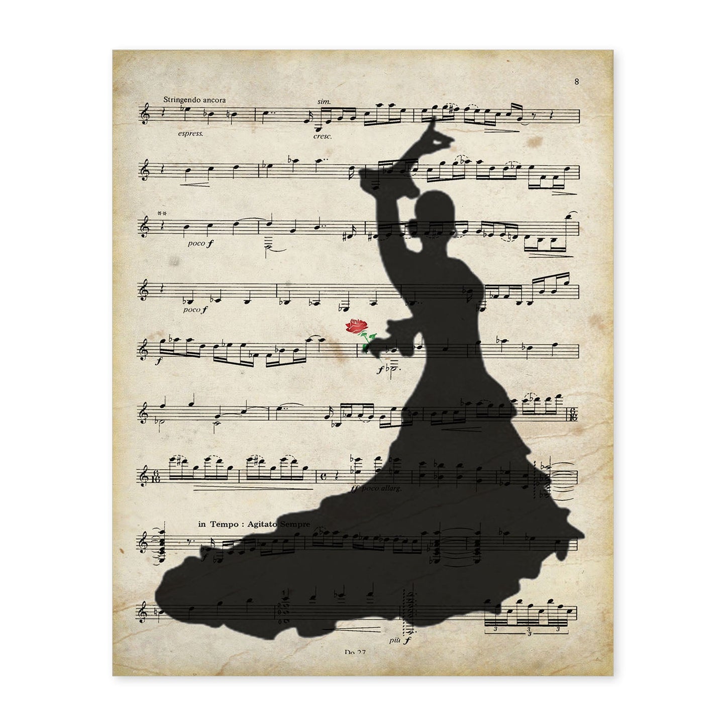 Poster de Flamenca sobre partitura. Láminas de imágenes con partituras. Diseño de música para el hogar.-Artwork-Nacnic-A4-Sin marco-Nacnic Estudio SL