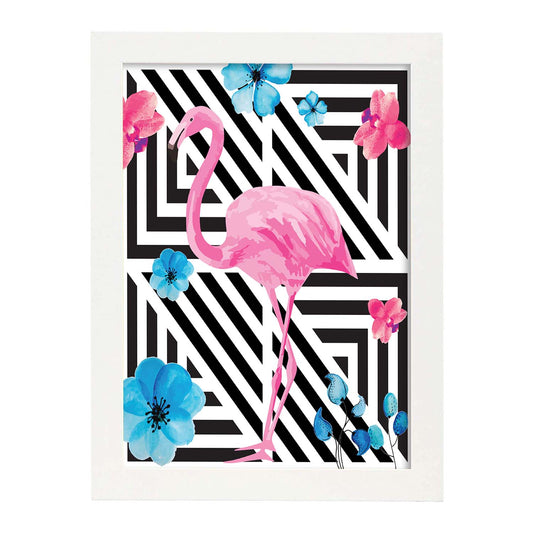 Poster de flamencos. Lámina Flamenco floral con imágenes de flamencos sobre fondo colorido. Posters de aves con diseño.-Artwork-Nacnic-A4-Marco Blanco-Nacnic Estudio SL